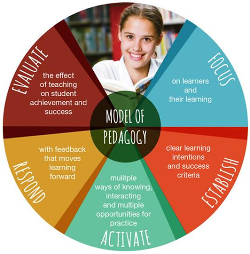 Circular model of pedagogy diagram showing the stages evaluate, focus, establish, activate and respond with descriptions around student learning and achievement
